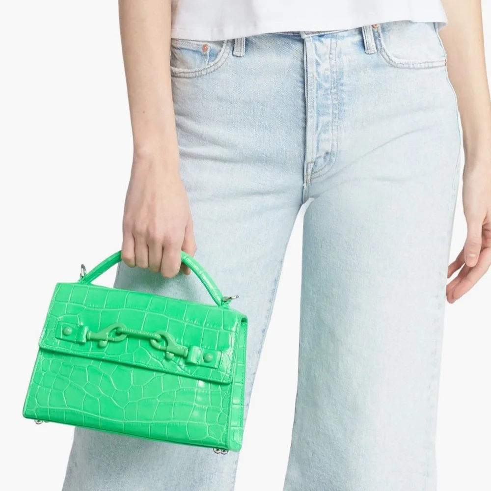 Rebecca Minkoff Croc Embossed Leather Crossbody Bag Neon Green NWT - Picture 4 of 17